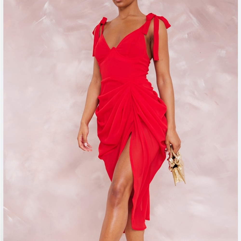 Red Ruched Gossamer Bustier Dress
